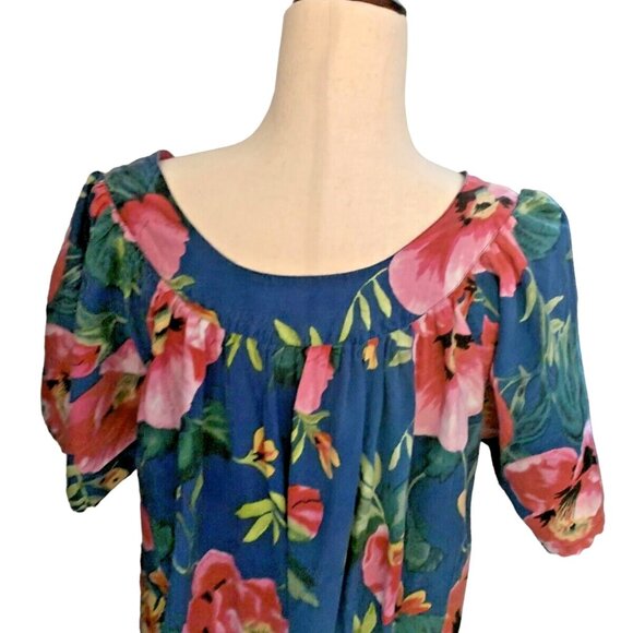 Vintage Ladies Mumu Dress w Pockets Tropical Floral MED Cotton Midi Blue w Pink - Picture 4 of 12